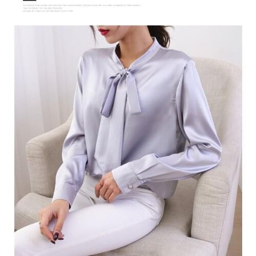 Bowknot mulberry silk shirt women spring and summer long-sleeved Hangzhou new slim white heavy silk shirt women