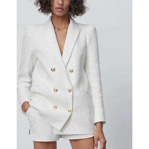 2021 Spring Autumn Women Fashion White Pink Tweed Blazers And Jackets Chic Button Office Suit Coat Ladies Elegant Outwear