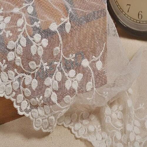 5yards Vintage Style Cotton Floral Embroidery mesh lace trim fabric for dress edge width 14cm White colors -ZQ/QX