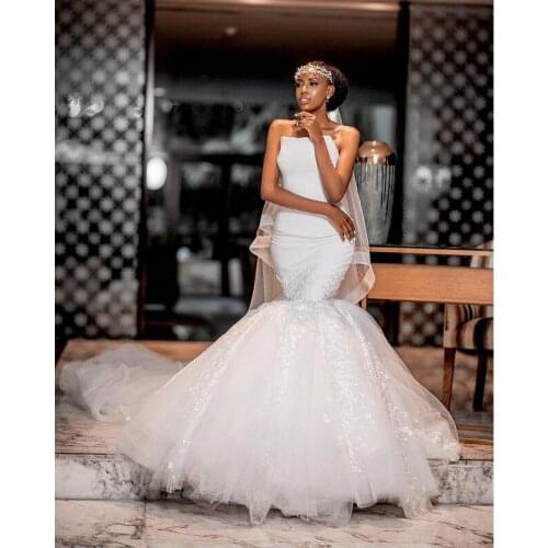 White Mermaid Wedding Gowns Strapless Lace Appliques Tulle Skirt Bridal Gown Moder Vestido De Mariee