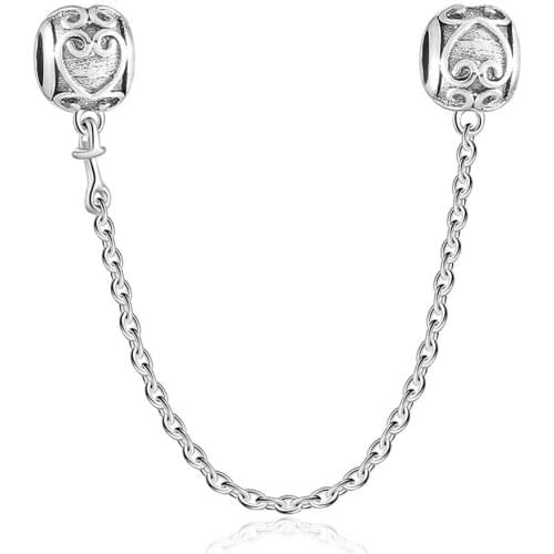 Authentic S925 Vintage Enchanted Heart Safety Chain Bead Charm Fit Lady Bracelet Bangle DIY Jewelry