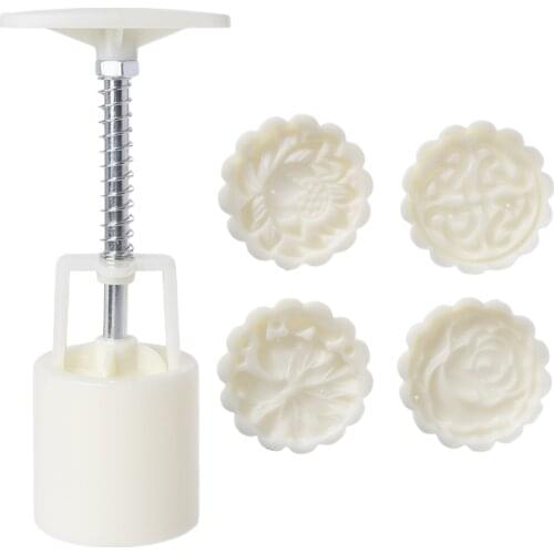 Lotus Leaf Round Moon Cake Molds 50g Hand-Pressure 4 Stamps Chinese Traditional Mooncake Molds for Mid-Autumn DIY Pastry