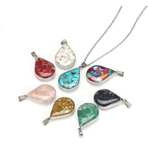 Gravel Stone Beads Teardrop Shape pendant Necklace Pink Quartz White Crystal Lapis Lazuli Tiger Eye Opal Collar Women Jewelry