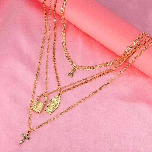 JJFOUCS Trendy New Metal Virgin Mary Lock Pendant Necklace Female Gold Color Multilayer Crystal letter Choker Necklace Jewelry