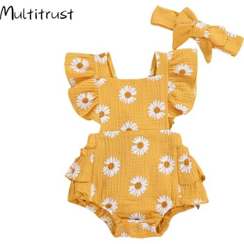 Newborn Infant Baby Girls Boys Bodysuits Headband Flowers Print Ruffles Short Sleeve Backless Jumpsuits 4 Colors