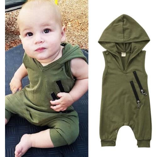 Newborn Toddler Baby Girls Boys Summer Casual Active Romper Sleeveless Hooded Solid Zipper Jumpsuits Romper 0-24M