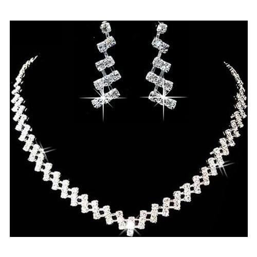 Trendy Female White Crystal Jewelry Set Charm Silver Color Dangle Earring For Women Dainty Square Zircon Wedding Chain Necklace