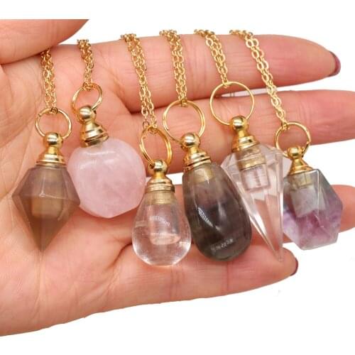 Natural Stone Chame Necklace With Chain length 60+5 Cm Perfume Bottle Agate Fluorite Crystal Pendant For Unisex Jewelry Gifts