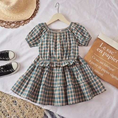 New Childrens Clothing Girls Summer Short Plaid Short-sleeved Blouse Skirt Two-piece Female Baby Korean Suit