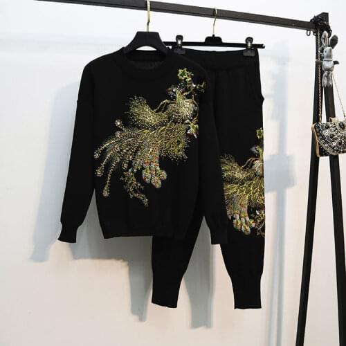 2021 Autumn Winter Peacock Beaded Velvet Long Sleeve Pullover + Sport Pants Suits Tracksuit Women Two Piece Set Outfits X302