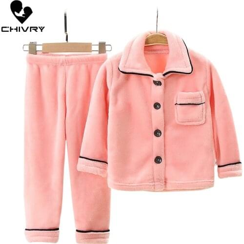 New 2020 Kids Boys Girls Autumn Winter Warm Flannel Pajama Sets Solid Long Sleeve Lapel Tops with Pants Sleeping Clothing Sets