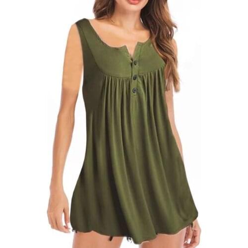 Summer Popular Loose Sexy Button Sleeveless Vest Top, Fashionable V-Neck Womens Solid Color Pleated Casual Comfortable T-Shirt