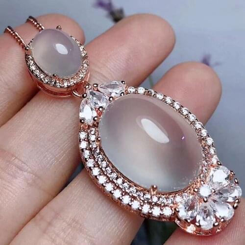 S925 color silver inlaid with natural high ice white chalcedony double single side jade lady Pendant