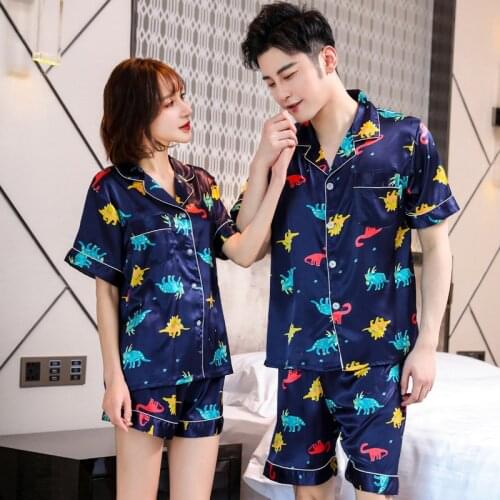 Summer Couple Men Women Lapel Cute Dinosaur Printed Short Sleeve Shorts Sleepwear Lovers Female Pajamas Pyjamas Homewear