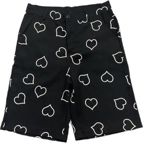 Summer Shorts Women Knee Pants Vintage Loose High Waist Wide Leg Pants Female Harajuku Love Pattern Printing Straight Man Shorts