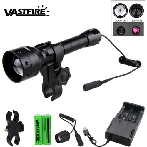 T50 IR 850nm Hunting Flashlight Night Vision Infrared Weapon Gun Light 50MM Lens IR Scout Lamp+Rifle Mount+Switch+18650+Charger