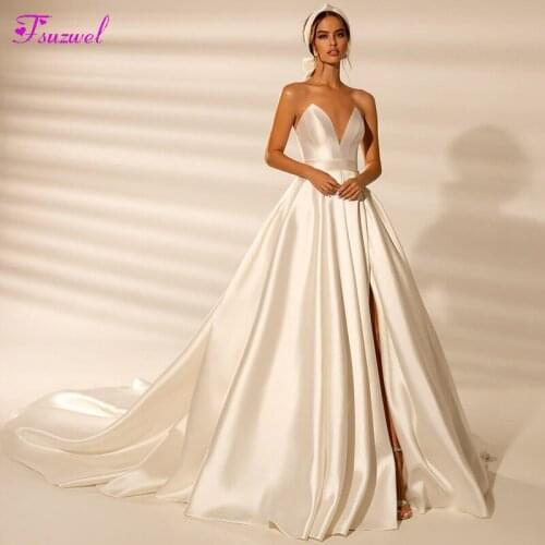 Fsuzwel Gorgeous Court Train Satin Front-Split A-Line Wedding Dresses Romantic Strapless Off the Shoulder Princess Bridal Gown