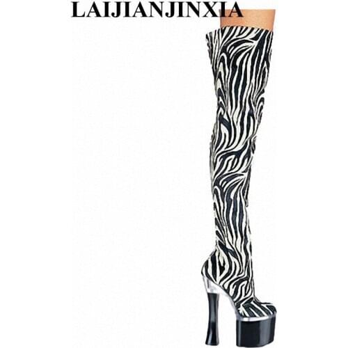 7 inch Womens Shoes sexy zebra-stripe Slouchy Over the Knee Comfortable Casual Trendy Round Toe 18cm Thigh High Heel Boots