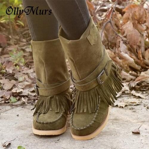 Women Ankle Short Boots Tassels Round Toe Buckle Strap Boots Ethnic Style Warm Non-slip Boots Shoe For Ladies Botas Mujer