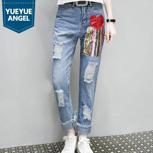 Plus Size 5XL Womens Jeans Hot Fashion Sequin Straight Beading Female Full Length Distressed Hip Hop Harem Denim Trousers