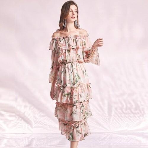 Summer Runway Boho Lily Floral Print Dress Women Off Shoulder Flare Sleeve Elastic Waist Cascading Ruffles Long Dress k407