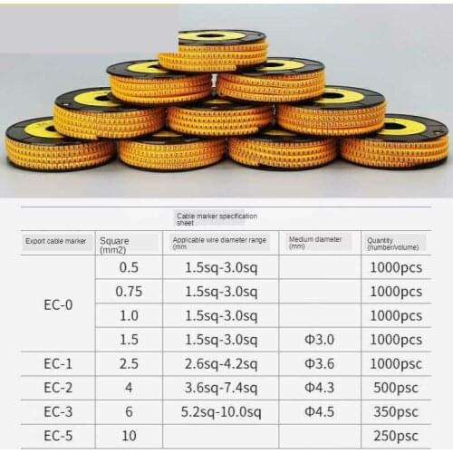 10000PCS yellow 0-9 Free shipping EC-0 Cable Wire Marker Number 0 to 9 For Cable Size 1.5 sqmm PVC material
