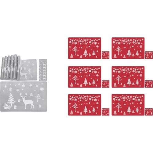 2 Set Christmas Placemat Washable Table Place Mat Set Of 6 Placemat & 6 Cup Mats, Grey & Red