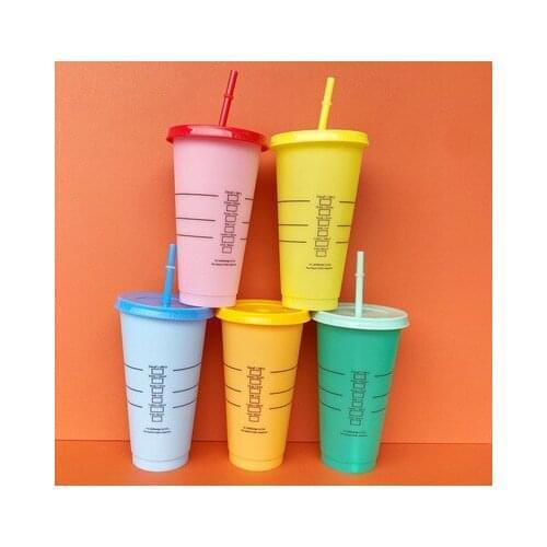 710ml Cold Color Change Cup Mug Straw Cups Reusable Coffee Cup Portable Matte Finish Plastic Water Mugs With Lid
