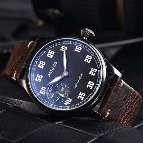 2019 Parnis 44mm Black Case Mens Watch Top Luxury Brand Hand Winding Mechanical Watches 17 Jewels Mens Wrist Watches Man Clock