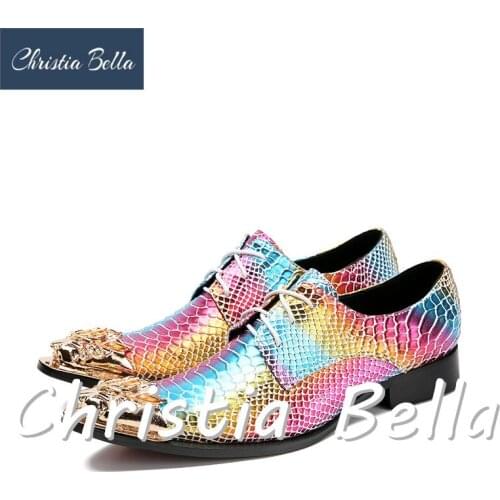 Christia Bella Shiny Colorful Glod Metal Toe Genuine Leather Men Shoes Lace Up High Quality Dress Oxfords Italian Designer Flats