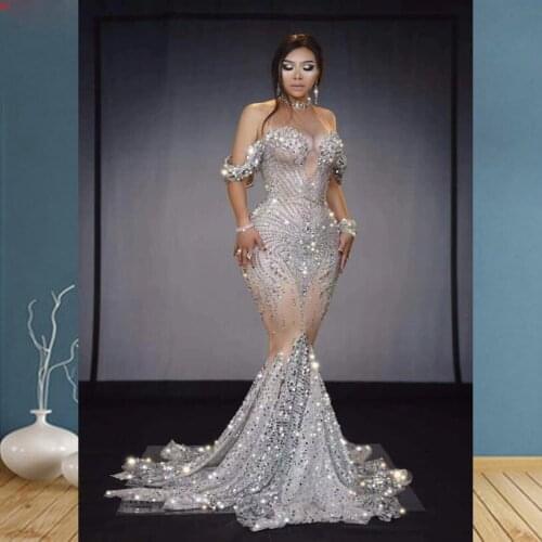 Celebrity Shining Beading Trumpet Long Dress Bodycon DJ Club Party Dancer Costume singer party dresses