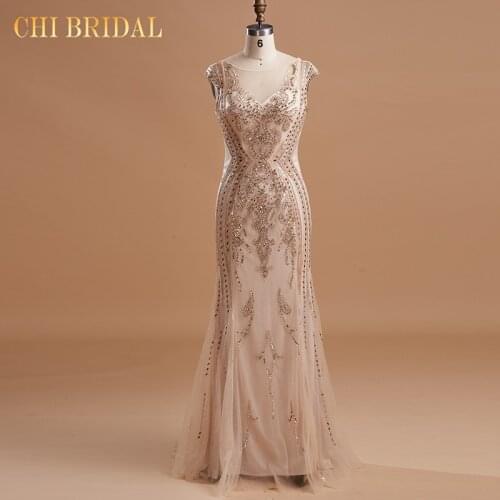 Long Prom Dress 2021 Beaded Crystal Collar Sleeveless Backless A-Shaped Elegant Dress Party Dress
