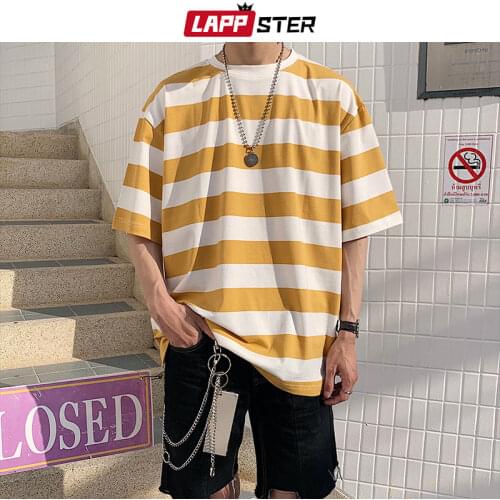 LAPPSTER Men Streetwear Striped Tshirt 2021 Summer Mens Funny Hip Hop Loose T Shirt Male Vintage Fashion Tees Casual Yellow Tops