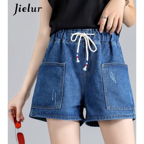 Jielur High Waist Female Student Jeans Blue Washed Pockets Denim Shorts Woman Casual Loose Summer Shorts for Womens S-5XL 2021