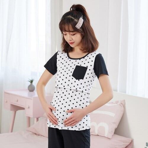 Outing cotton plus size nursing clothes short-sleeved maternity pajamas with chest pads home service spring and summer