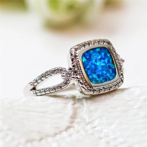 Cute Female Silver Color Geometric Ring Boho Blue Fire Opal Stone Ring Promise Love Engagement Rings For Women Vintage Jewelry