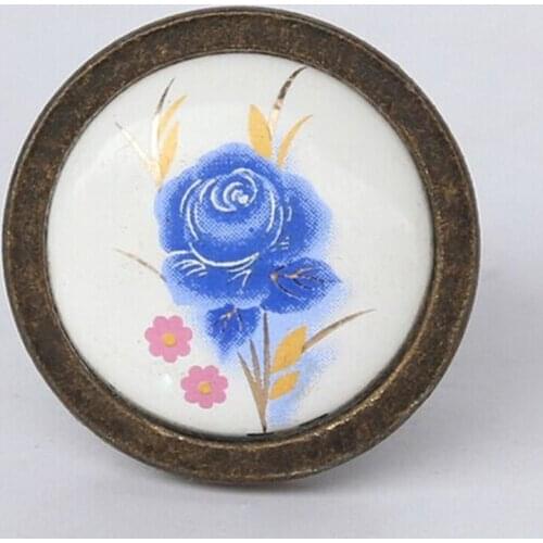 Fashion retro rural ceramic furniture knobs antique brass bronze cabinet dresser handles knobs blue flower ceramic drawer knobs