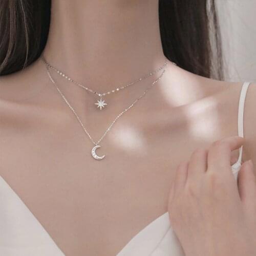 XLC6 Fashion Simple Double Layer Star Moon Charm Necklace Delicate Clavicle Chain Zircon Necklace For Women Jewelry