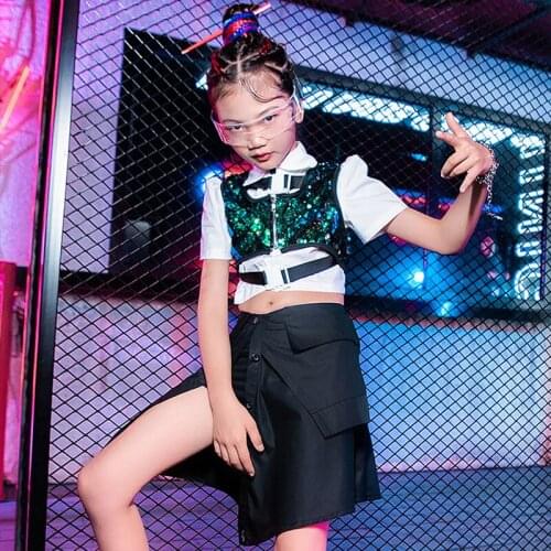 Fashion Catwalk Show Stage Costume Suit Girls Jazz Dancing Performance Wear Sequins Tops Irregular Skirt Dancewear Outfit YS2094