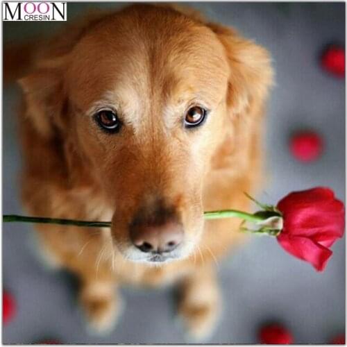 MOONCRESIN Diy Diamond Painting Cross Stitch Biting Rose Dog Animals Diamond Mosaic Full Round Diamond Embroidery Decoration Kit