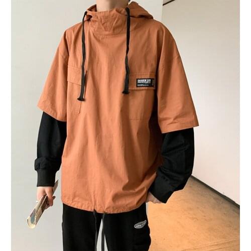 2020 mens autumn new fake two piece hooded tooling jacket splicing casual coat