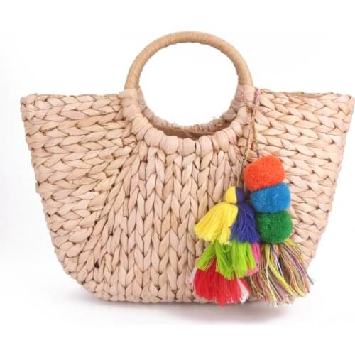 2019 hot Handmade Bag Women Pompon Beach Weaving Ladies Straw Bag Wrapped Beach Bag Moon shaped Bag