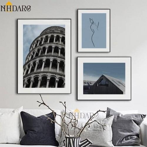 Posters and Prints Canvas Art Painting Blue Style Landscape Sketch Wall Picture for Living Room Modern Nordic Vintage Home Decor