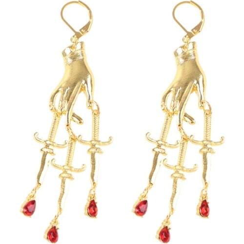 Golden Hand Dagger Drop Earrings Gothic Witchy Hand Red Crystal Dangle Earrings