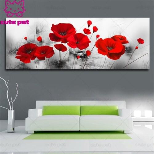 Grey Background Red poppy Flower full square round drill set diy diamond painting 5d diamond mazayka embroidery room decor