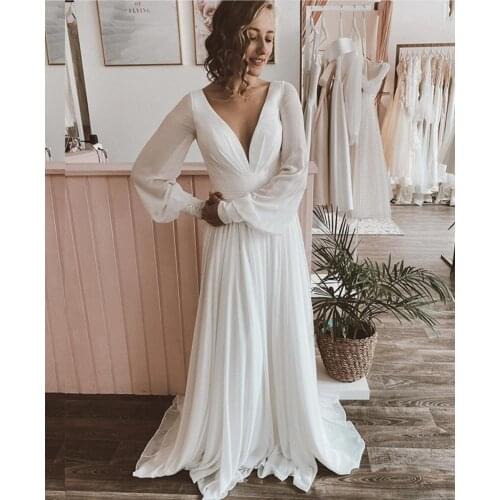 Chiffon Wedding Dress A Line Long Sleeve Pleat V-Neck Bridal Gowns Simple Beach Vestidos De Fiesta Свадебное Платье Bride Dress