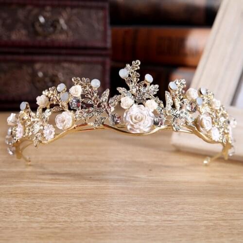 TUANMING 1 PC Gold Wedding Bridal Rhinestone Tiaras Crown Milk Crystal Flower Hair Jewelry Girl Bride Hair Accessories For Women