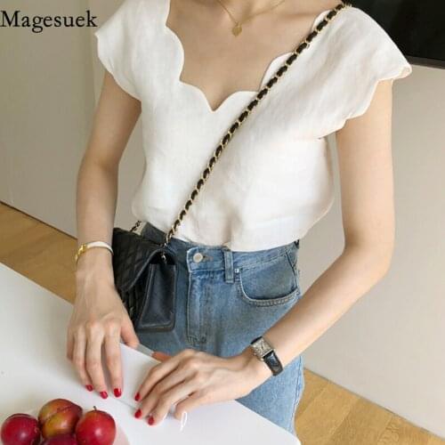 Korean Short Sleeve White Blouse Women Summer V-neck Chic Wave Design Loose Shirt New Fashion Casual Women Top Blusa Mujer 14335
