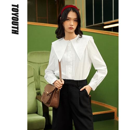 Toyouth Women Shirts 2021 Autumn Long Sleeve Turndown Collar Tops Pleated Solid Color Vintage Navy Style Blouse