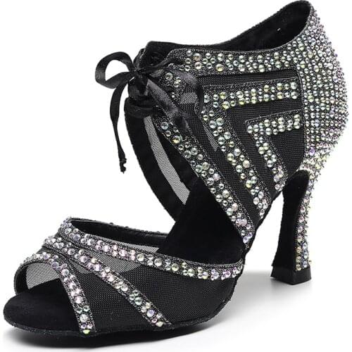 Woman Rhinestone Latin Dance Shoes Black Ballroom Salsa Shoes For Dancing Women Soft Bottom Practice Latino Shoes For Girls